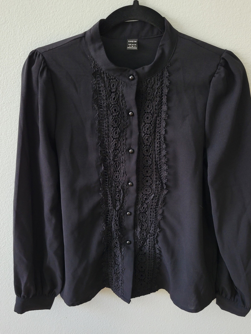 SHEIN Black Lace-Trim Button-Down Blouse